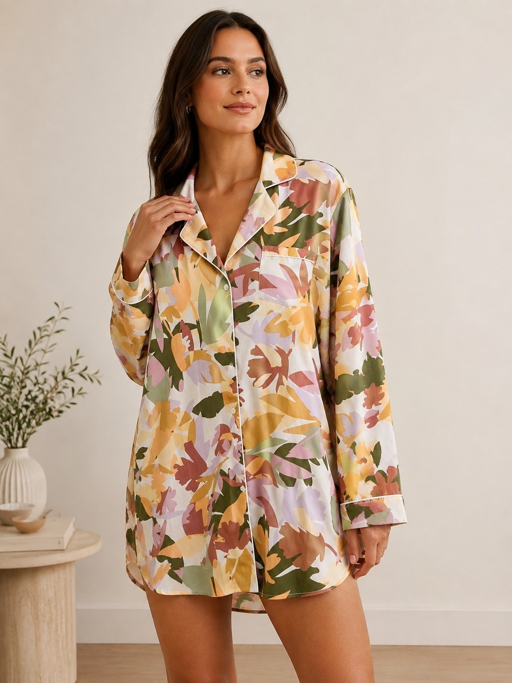 Joie Multicolor Watercolor Floral Satin Button-Down Sleep Shirt